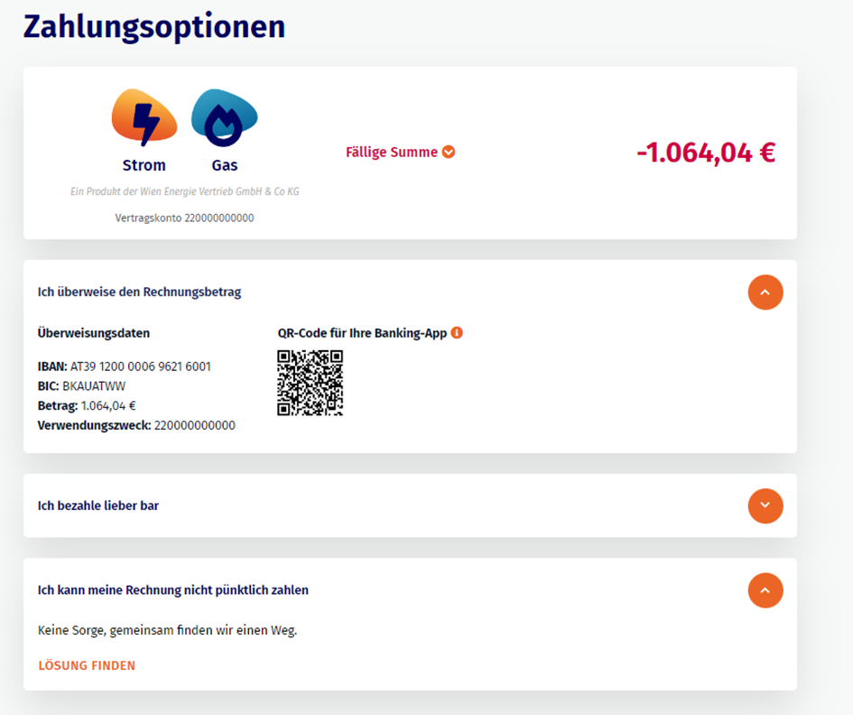 Lösung finden Button für Zahlungsunfähigkeit in Meine Wien Energie Konto