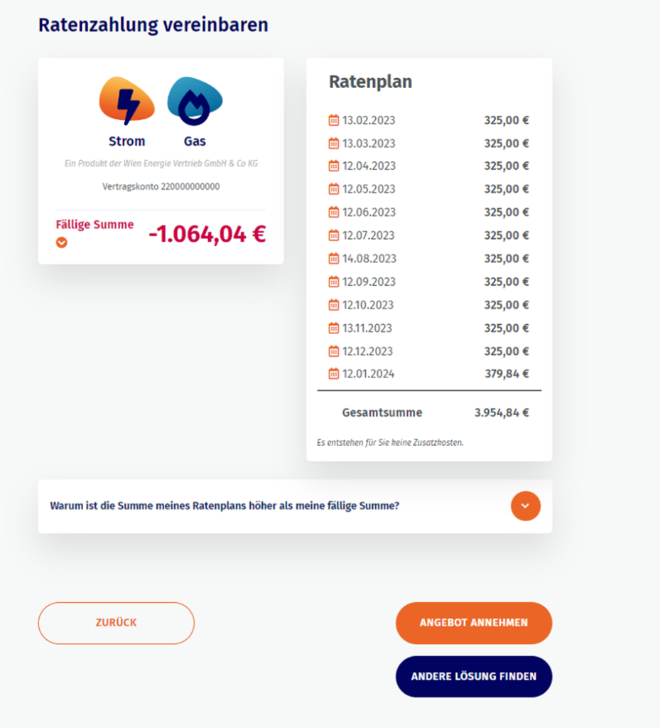 Screenshot mit Option zur Vereinbarung der Ratenzahlung