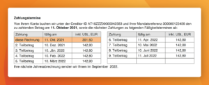 Tabelle mit Zahlungsfristen, Teilbeträgen und Fälligkeitsterminen.