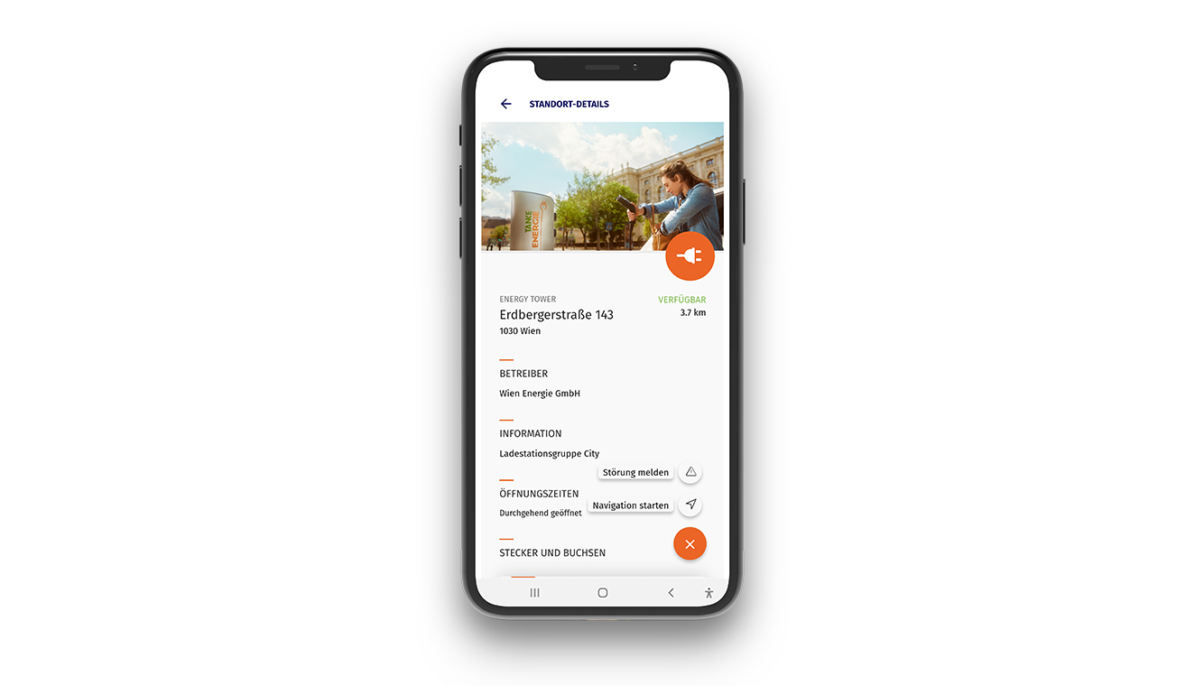 Mockup eines Handys mit Ansicht der Tanke-App und der gewählten E-Ladestation