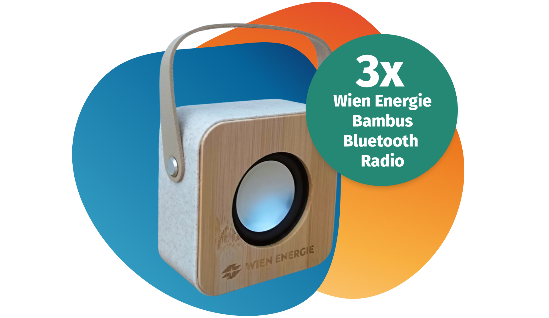 Tragbares Wien Energie Bambus-Bluetooth-Radio mit einem Ledergriff auf einem bunten abstrakten Hintergrund.